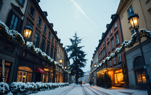 The streets of a beautiful European city decorated for the New Year and Christmas with a large fir tree in the center of the square. Christmas mood in the city. photo