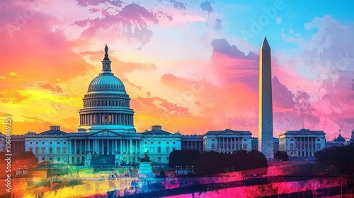 Dramatic Sunset Over Washington D.C. Skyline with Capitol and Washington Monument Silhouettes
