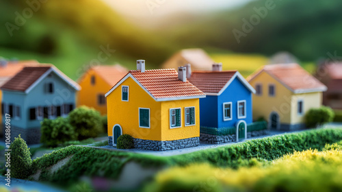 Explore charming miniature houses surrounded by lush greenery for a whimsical architectural experience