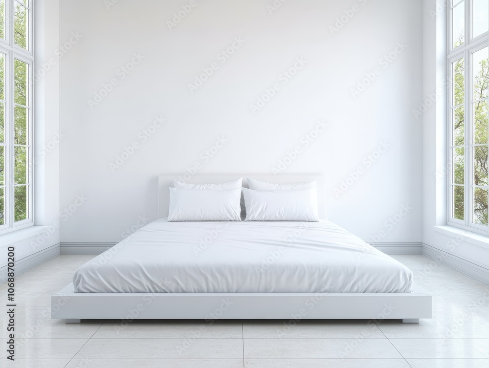 Minimalist bedroom with a large white bed and natural daylight streaming through the windows, creating a serene and tranquil atmosphere. Minimalist bedroom with a large white bed and natural daylight streaming through the windows, creating a serene and tranquil atmosphere.