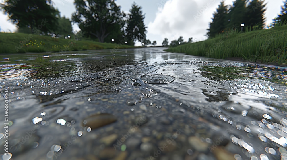 Fototapeta premium A tranquil riverscape featuring a reflective water surface, pebbles beneath, surrounded by lush greenery and trees under a cloudy sky.