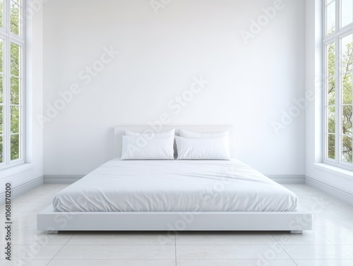 Minimalist bedroom with a large white bed and natural daylight streaming through the windows, creating a serene and tranquil atmosphere.