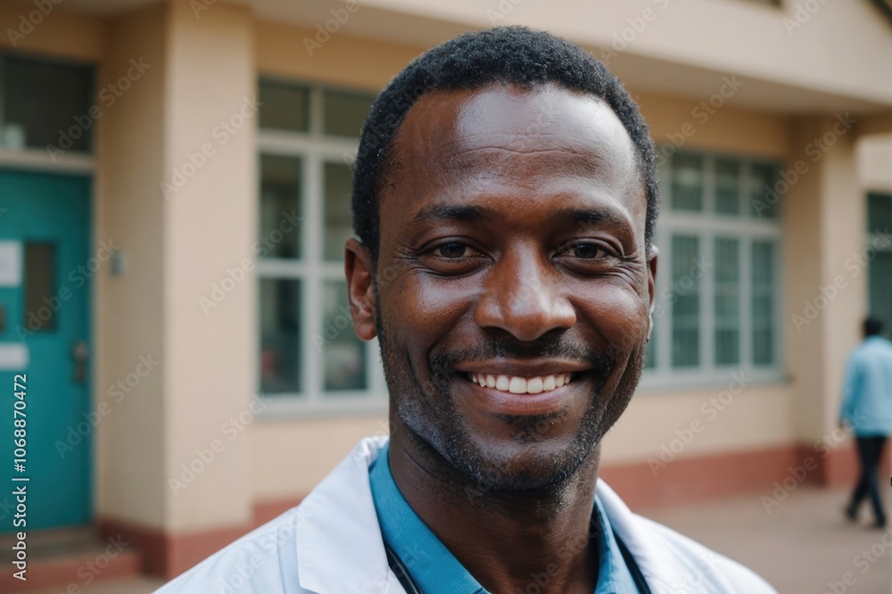 Close portrait of a smiling 40s Kenyan man doctor looking at the camera, Kenyan hospital blurred background Close portrait of a smiling 40s Kenyan man doctor looking at the camera, Kenyan hospital blurred background