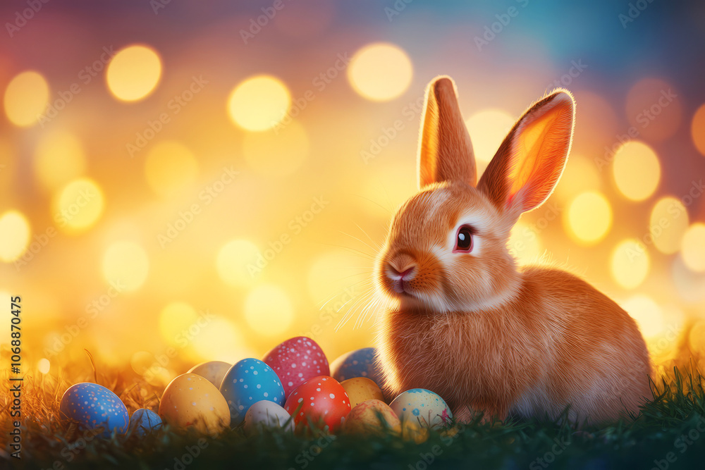 Cute bunny surrounded by colorful easter eggs in a magical glow of springtime bliss Cute bunny surrounded by colorful easter eggs in a magical glow of springtime bliss