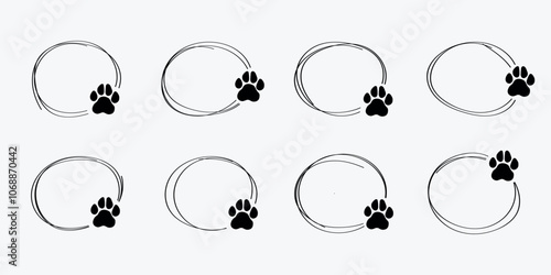 Pet footprint frame. Doodle shape frames with dog or cat paws. Hand drawn outline circle boarder with cute animal steps.