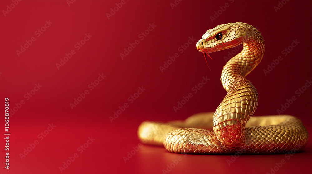 Fototapeta premium Chinese golden snake on red background, chinese new year 2025, year of the snake concept.Space for text.