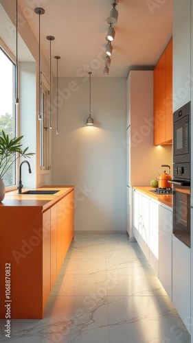 Bright Kitchen with Orange Cabinets, Cozy Space, and Modern Scandinavian Design