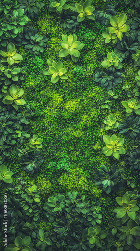 Lush green vertical garden with various succulent plants and moss, creating vibrant and refreshing atmosphere. Perfect for nature lovers and interior design enthusiasts