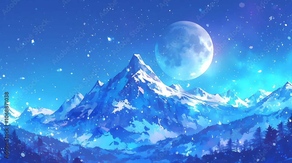 moon above snow mountain in clear winter moon above snow mountain in clear winter