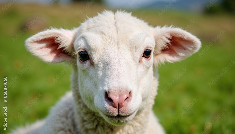 Close-up of young lamb's face in green pasture Close-up of young lamb's face in green pasture