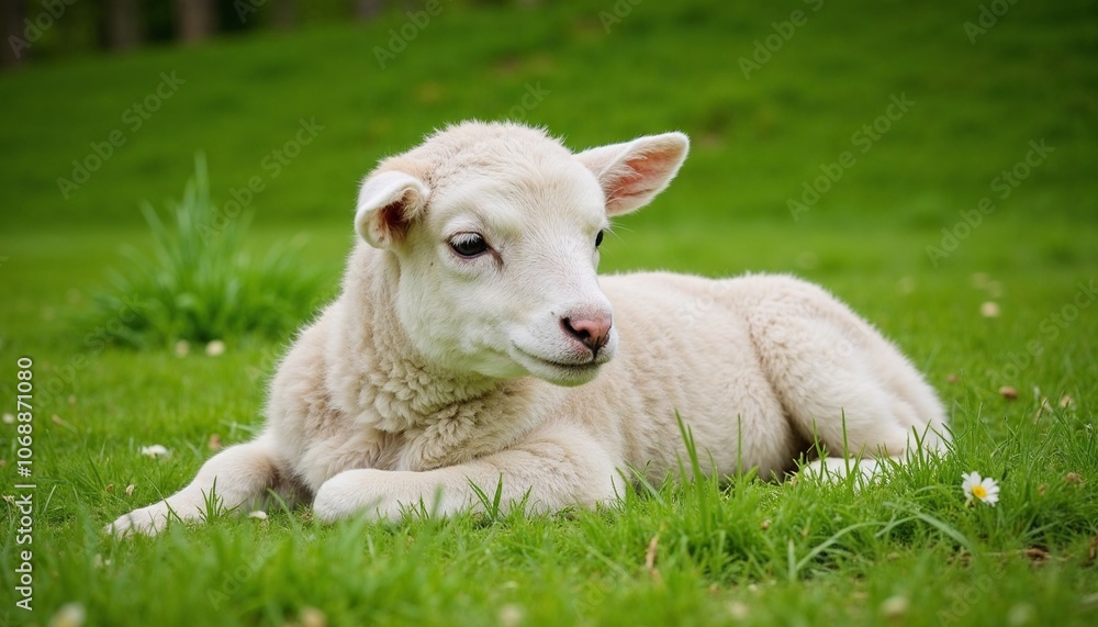 Young lamb resting on green grass in spring meadow Young lamb resting on green grass in spring meadow