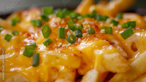 Mouthwatering close-up of golden french fries generously covered in melted cheese sauce and sprinkled with green onions perfect for satisfying a snack craving