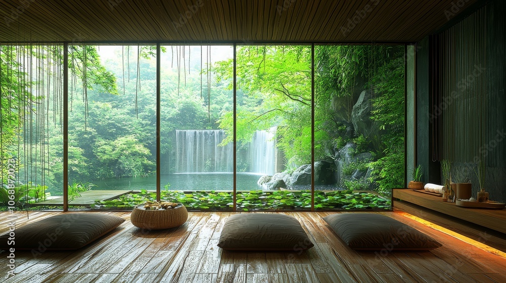 A serene indoor space with large windows overlooking a lush landscape and waterfall, featuring simple seating and natural materials. A serene indoor space with large windows overlooking a lush landscape and waterfall, featuring simple seating and natural materials.