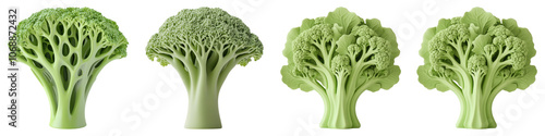 A collection of broccoli heads displaying varying shapes and sizes, showcasing their distinct florets and stalks.