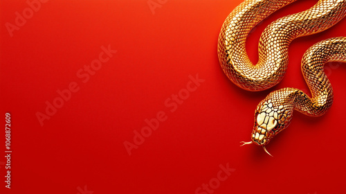 Chinese golden snake on red background, chinese new year 2025, year of the snake concept.Copy space. photo