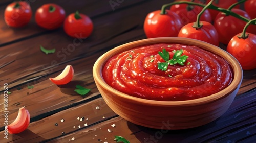 Tomato ketchup sauce infused with garlic spices and herbs served with cherry tomatoes in a bowl on a rustic wooden table photo