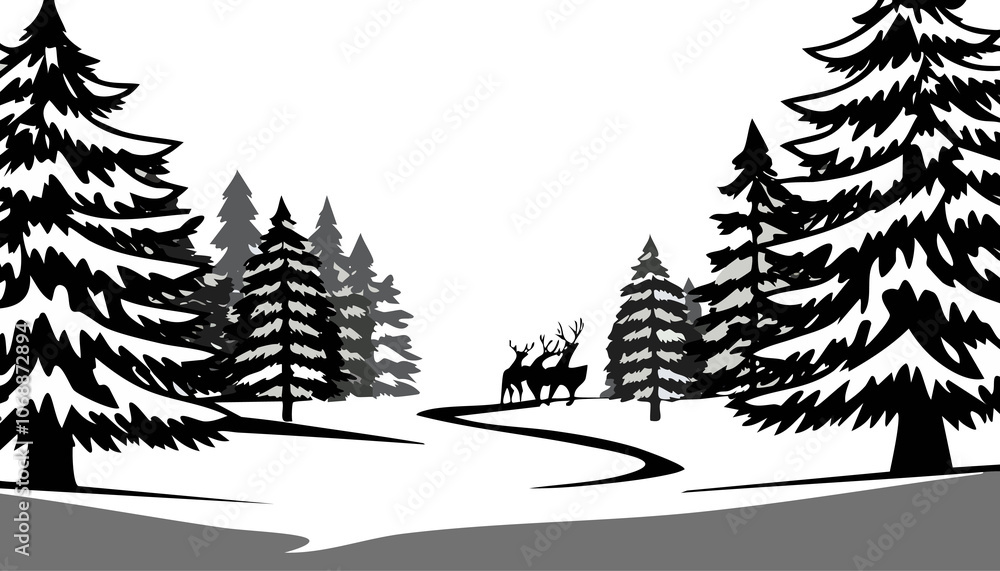 Obraz premium Christmas landscape with pine trees and reindeer