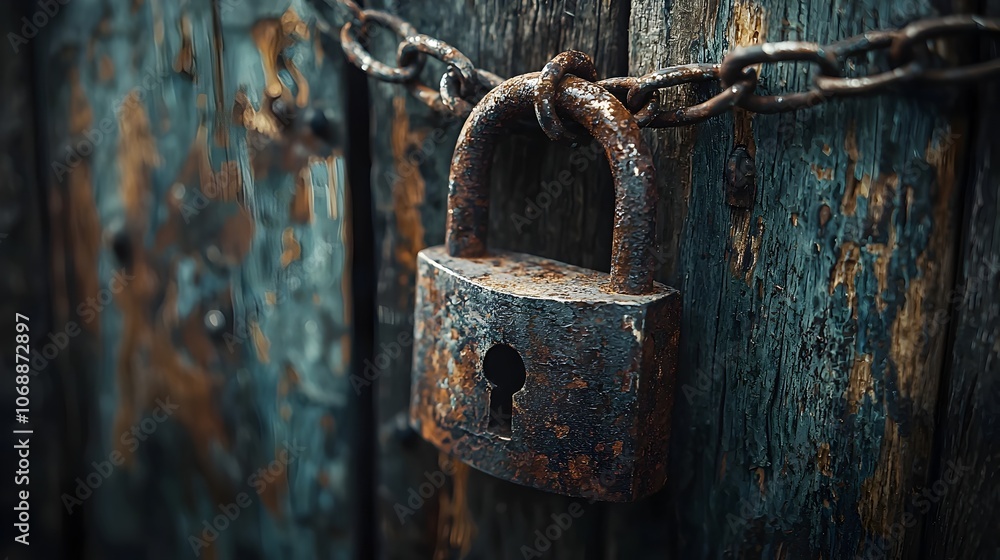 Rusted Metal Padlock Chained on Aged Wooden Door Ancient Security Icon Concept Rusted Metal Padlock Chained on Aged Wooden Door Ancient Security Icon Concept