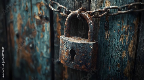 Rusted Metal Padlock Chained on Aged Wooden Door Ancient Security Icon Concept