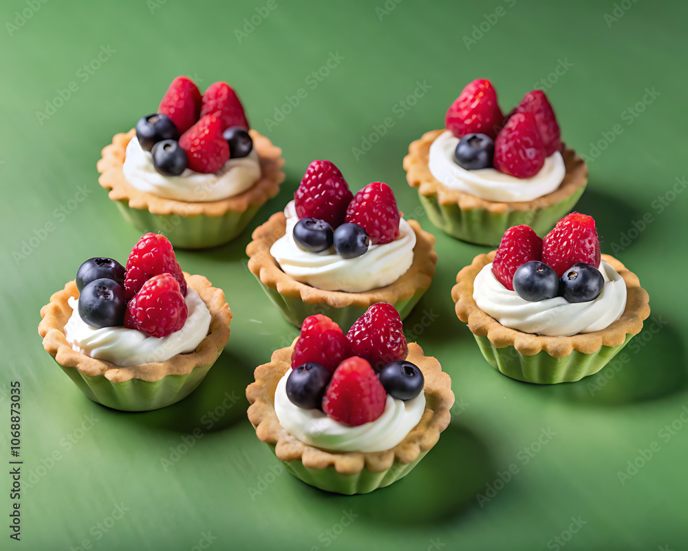 Delicious raspberry and blueberry tartlets on green background. Delicious raspberry and blueberry tartlets on green background.