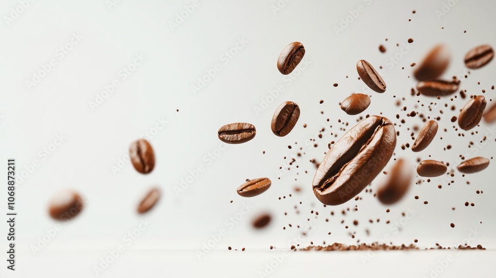 Coffee beans flying in the air with white background, ideal for product packaging or advertising. Coffee beans flying in the air with white background, ideal for product packaging or advertising.