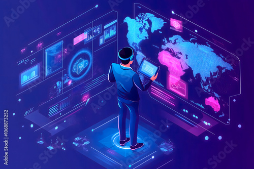 Futuristic illustration. Businessman with VR glasses interacting with a digital holographic globe with, data screens and technology. Global connectivity Transport and logistics 