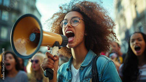 
Female activist shouting on a megaphone. photo