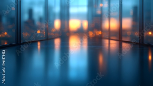 Open modern office, blurred view, bright lighting, minimal design, glass partitions, contemporary feel