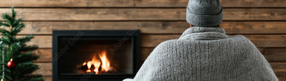 A cozy scene of a person in a gray sweater and hat, seated by a warm fireplace, with a Christmas tree nearby, evoking a sense of comfort and relaxation. A cozy scene of a person in a gray sweater and hat, seated by a warm fireplace, with a Christmas tree nearby, evoking a sense of comfort and relaxation.