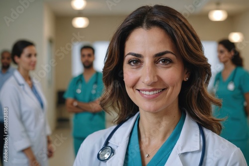 Close portrait of a smiling 40s Lebanese woman doctor looking at the camera, Lebanese hospital blurred background