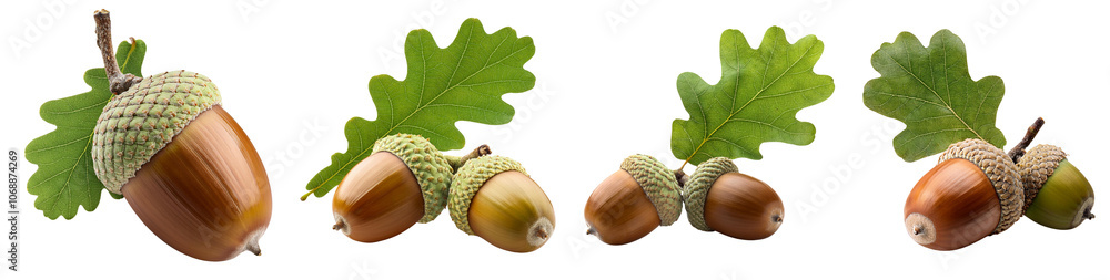 Acorns with leaves on a white isolated background. Acorns with leaves on a white isolated background.