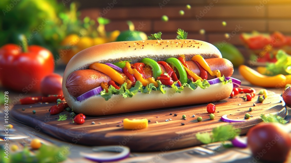 Delicious hot dogs served on a rustic wooden board garnished with fresh spices and vibrant vegetables like tomatoes peppers and onions
