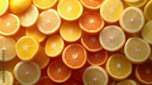 National Sunkist Citrus Day theme, top view of sliced oranges and lemons, fresh and juicy texture photo