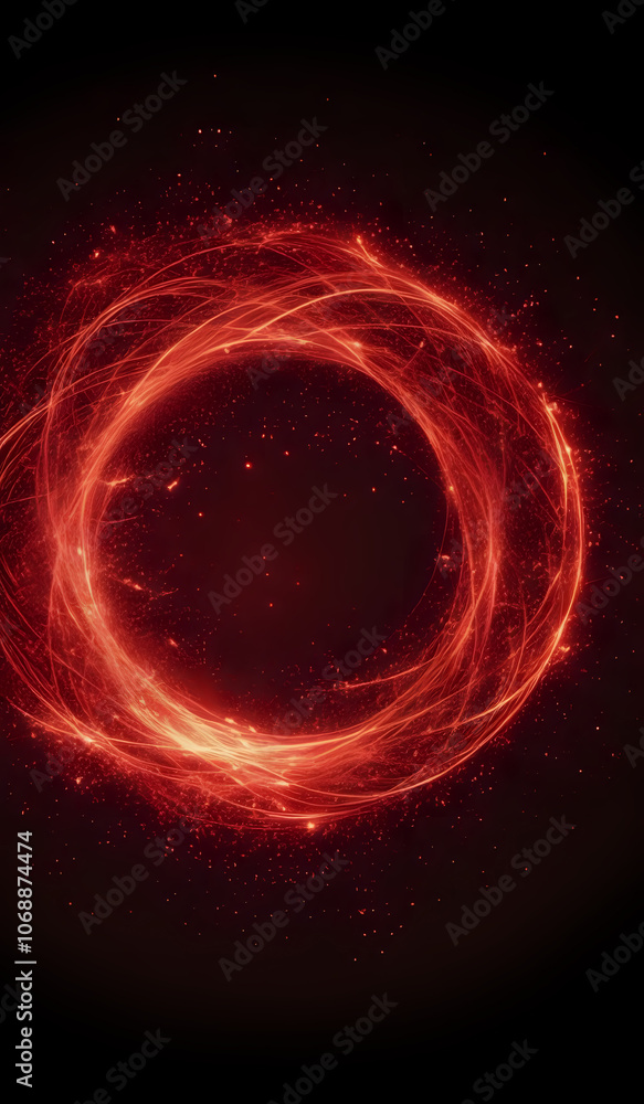 A ring of red neon energy waves on a dark background with magical sparks A ring of red neon energy waves on a dark background with magical sparks