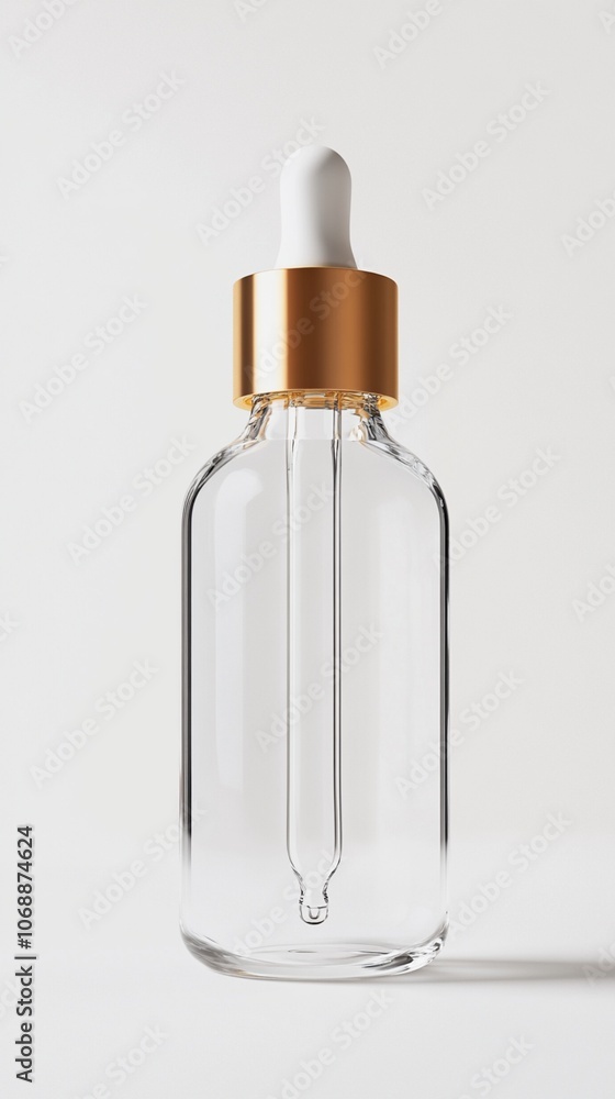 Elegant glass dropper bottle with golden cap and white applicator, perfect for luxury skincare serums or essential oils. Minimalist design on white. Elegant glass dropper bottle with golden cap and white applicator, perfect for luxury skincare serums or essential oils. Minimalist design on white.