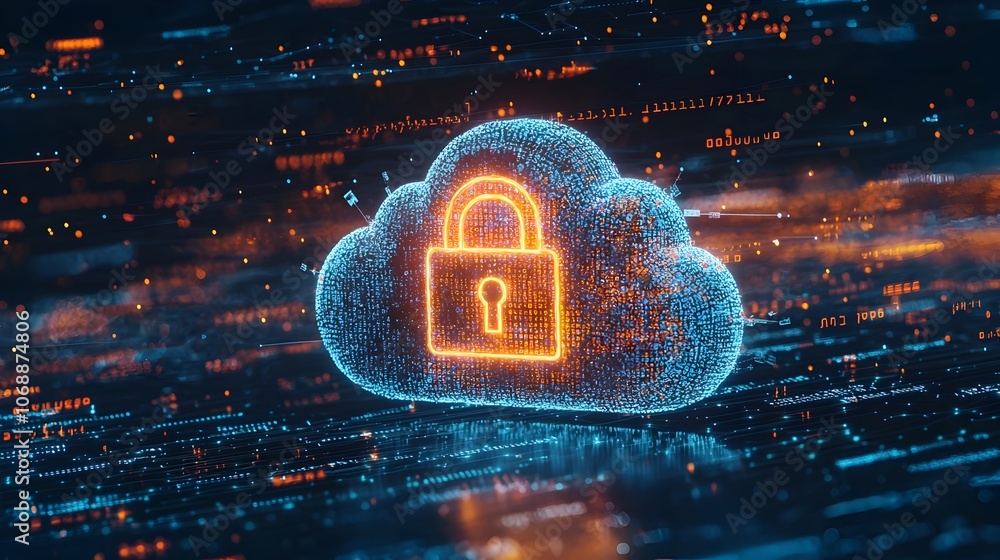 Glowing Padlock Icon Floating in Digital Cloud with Code Backdrop Glowing Padlock Icon Floating in Digital Cloud with Code Backdrop