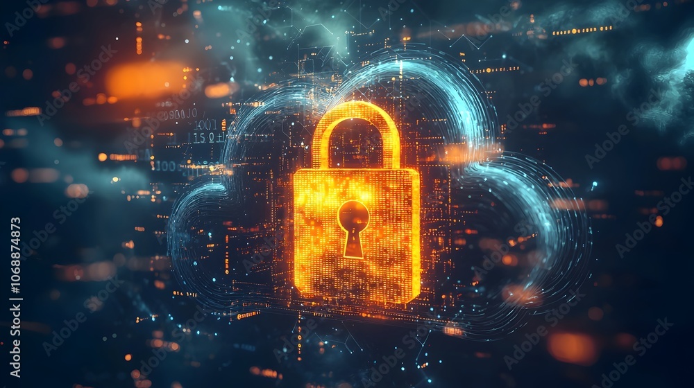 Glowing Padlock Icon Floating in Digital Cloud with Lines of Code Symbolizing Cybersecurity and Data Encryption Glowing Padlock Icon Floating in Digital Cloud with Lines of Code Symbolizing Cybersecurity and Data Encryption
