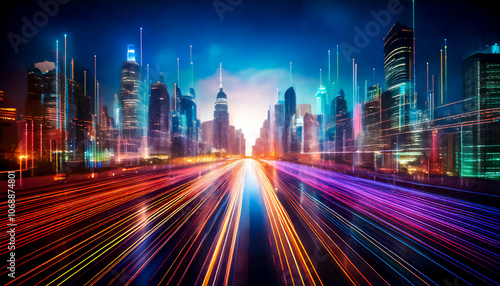 Abstract visualization of information and data exchange, data flow, digital code data streaming on a dark