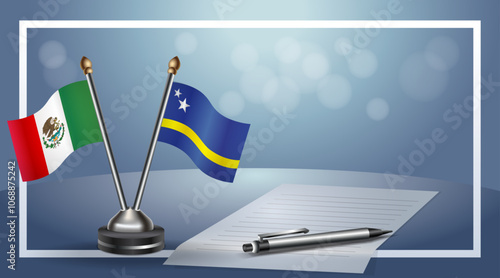 Mexico and Curacao Small national flag on bokeh background, cooperative relationship