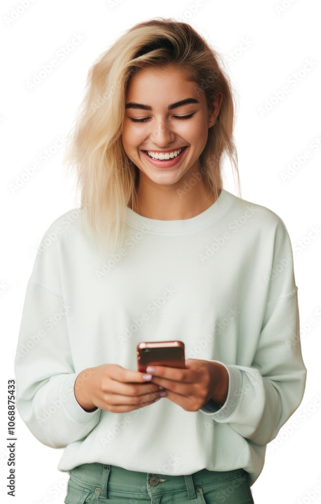 PNG Young white girl holding smart phone happy smile background. PNG Young white girl holding smart phone happy smile background.