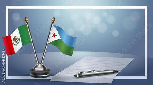 Mexico and Djibouti  Small national flag on bokeh background, cooperative relationship