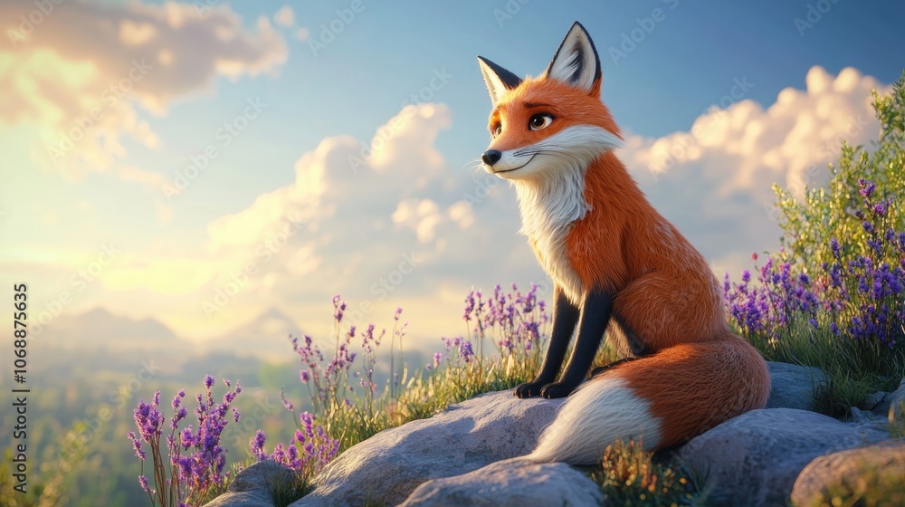 Obraz premium Fox gracefully perched on a hillside showcasing its vibrant fur and keen gaze wildlife photography