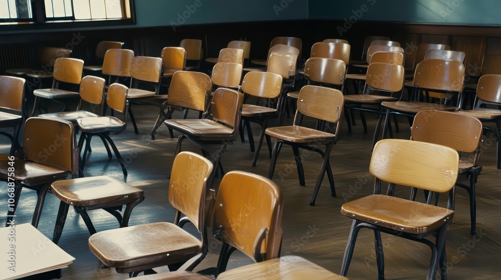Fototapeta premium A classroom filled with empty wooden chairs, suggesting a learning environment.