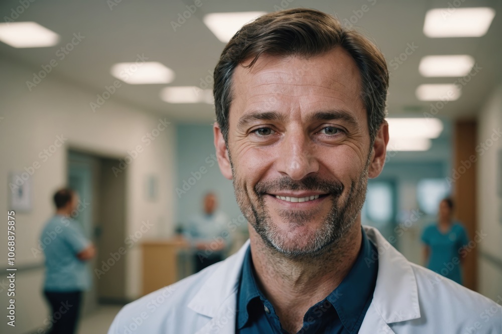 Close portrait of a smiling 40s Luxembourgish man doctor looking at the camera, Luxembourgish hospital blurred background Close portrait of a smiling 40s Luxembourgish man doctor looking at the camera, Luxembourgish hospital blurred background
