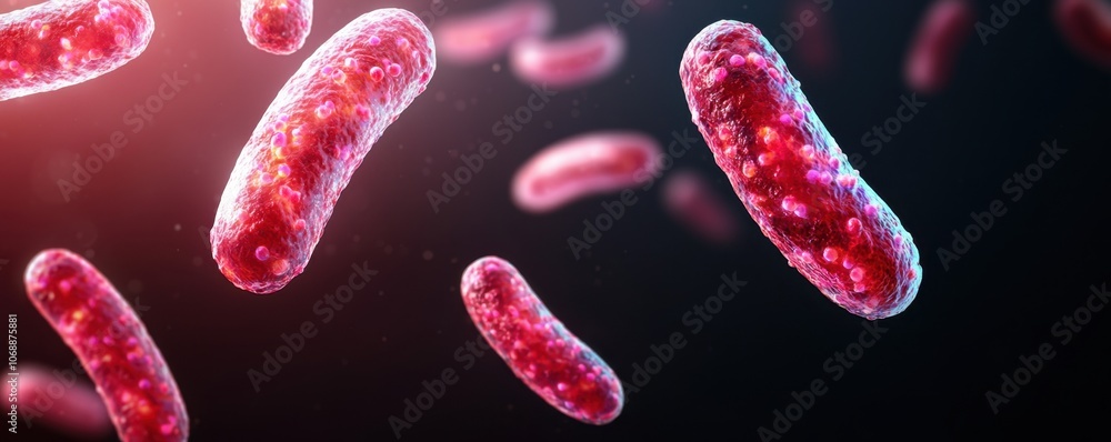 Bacteria exposure under a microscope concept. A close-up view of colorful bacteria illuminated against a dark background, showcasing their unique shapes and structures Bacteria exposure under a microscope concept. A close-up view of colorful bacteria illuminated against a dark background, showcasing their unique shapes and structures