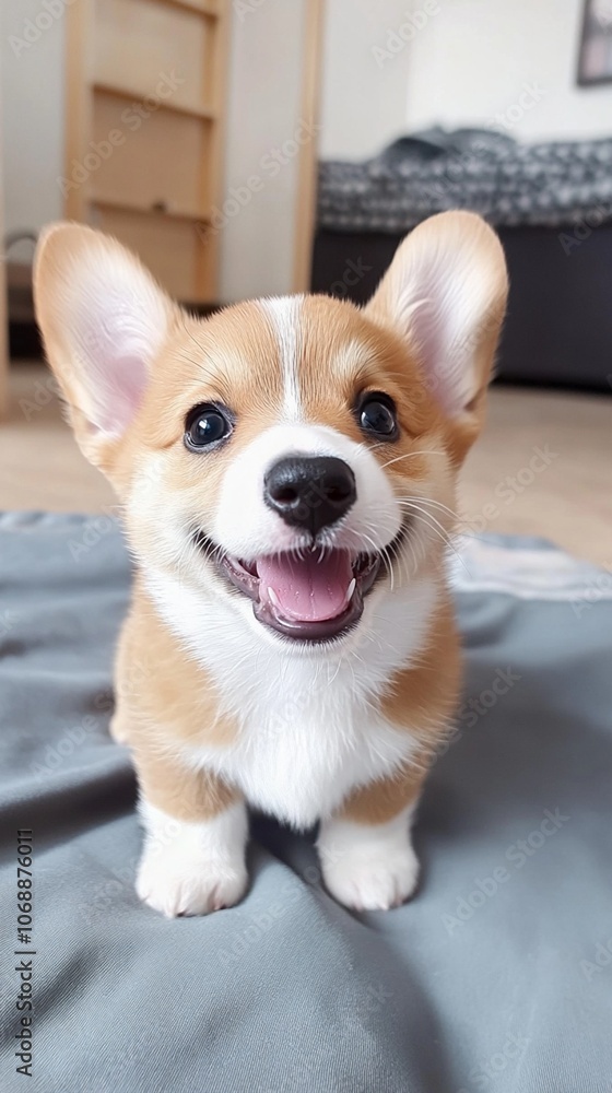 Adorable Pembroke Welsh Corgi puppy with a big smile, sitting on a gray blanket. Its expressive eyes and perky ears capture the joyful essence of this beloved breed. Adorable Pembroke Welsh Corgi puppy with a big smile, sitting on a gray blanket. Its expressive eyes and perky ears capture the joyful essence of this beloved breed.