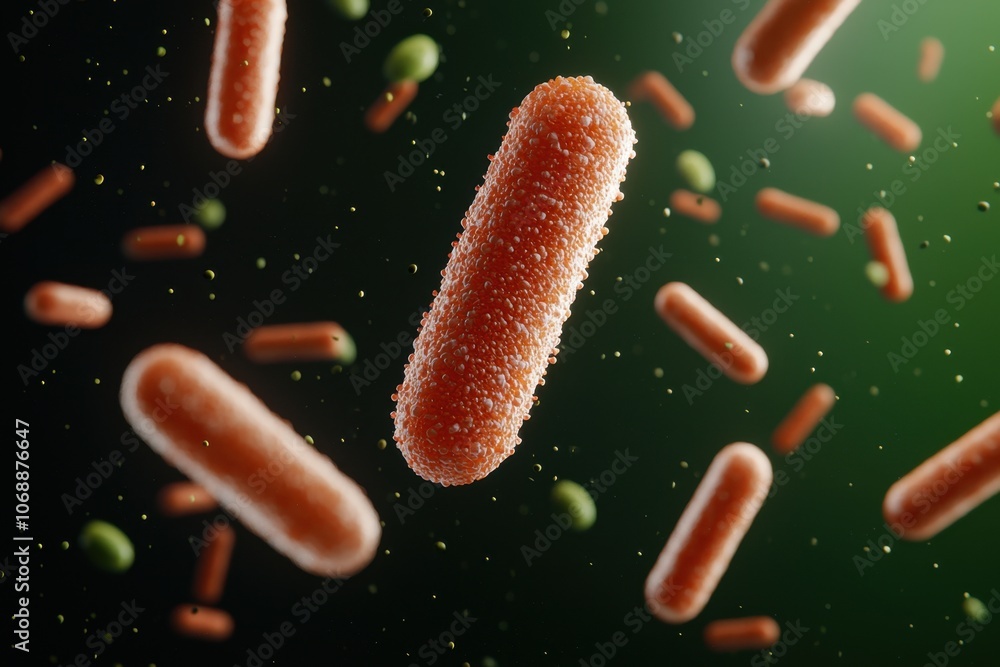 Bacteria exposure under a microscope concept. A vibrant, abstract depiction of bacteria in motion against a green backdrop, showcasing detailed textures and forms Bacteria exposure under a microscope concept. A vibrant, abstract depiction of bacteria in motion against a green backdrop, showcasing detailed textures and forms