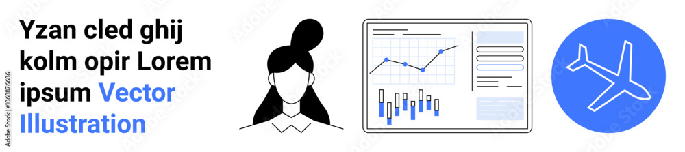 Female profile with bun hairstyle, computer screen with chart and graphs, airplane icon in blue circle. Ideal for business travel, data analysis, tech industry, women in STEM, travel planning Female profile with bun hairstyle, computer screen with chart and graphs, airplane icon in blue circle. Ideal for business travel, data analysis, tech industry, women in STEM, travel planning
