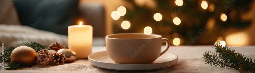 A cozy setting featuring a cup of tea, a lit candle, and festive decorations, creating a warm holiday atmosphere. A cozy setting featuring a cup of tea, a lit candle, and festive decorations, creating a warm holiday atmosphere.