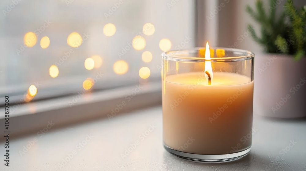 A softly flickering candle sits on a windowsill, surrounded by a cozy atmosphere and warm bokeh lights, creating a serene ambiance. A softly flickering candle sits on a windowsill, surrounded by a cozy atmosphere and warm bokeh lights, creating a serene ambiance.